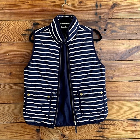 Small down filled feather puffer vest j crew blue white striped Vest Quilted - Picture 1 of 11